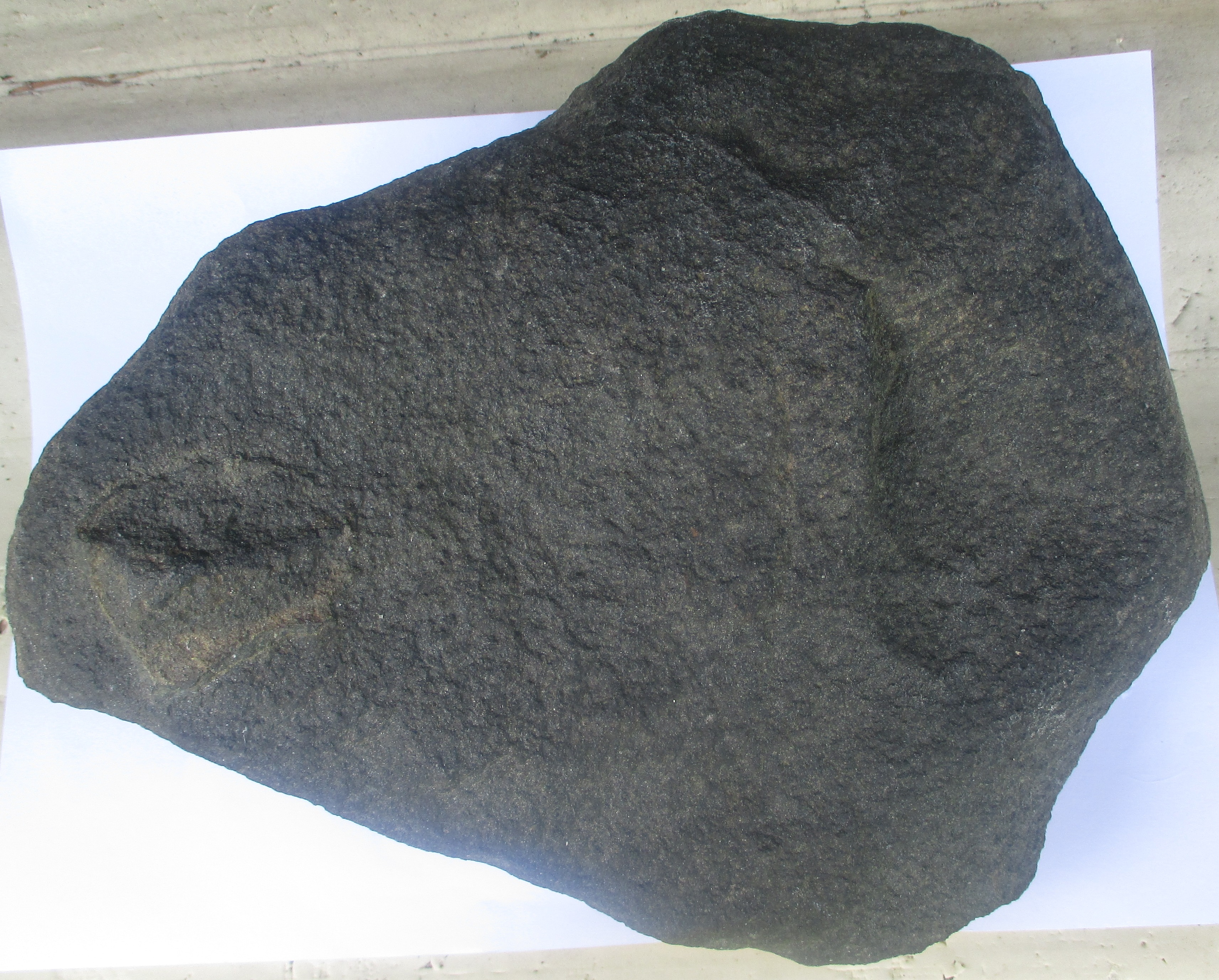 Die inzwischen nachgedunkelte Schmelzkruste des Meteoriten ist sicher der fehlenden Witterung aber auch dem Wasser und dem Kohlenstoff im Met  geschuldet